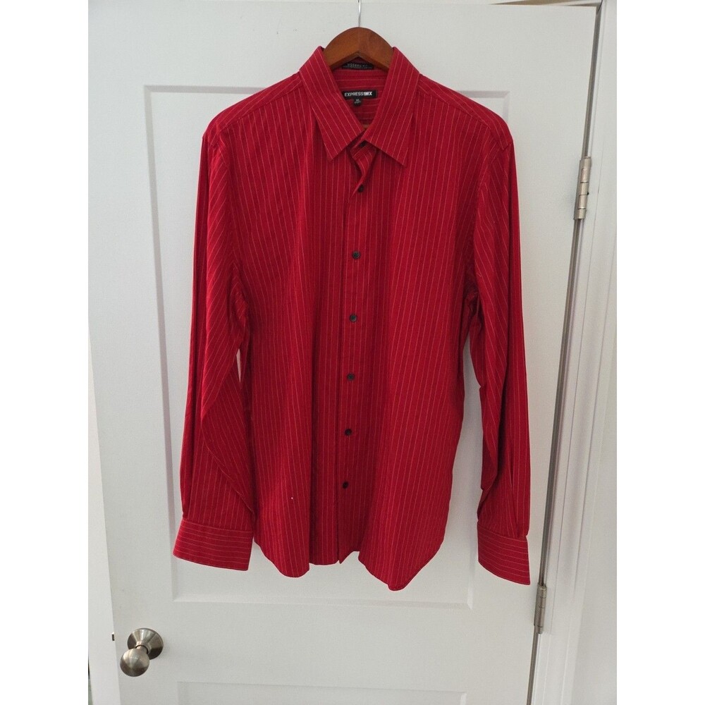 #111 Express 1MX 17-17.5 modern fit red/gray pinstripe button up men shirt